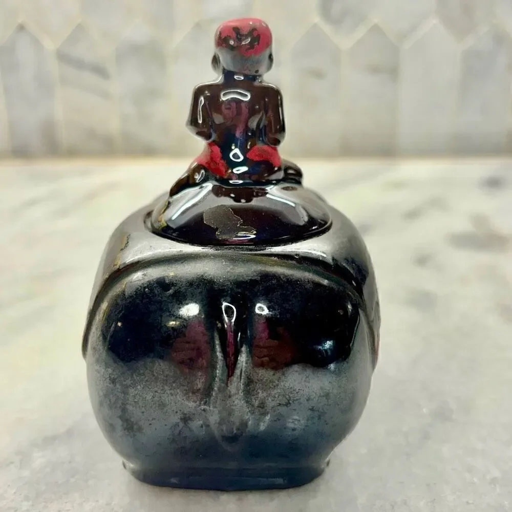 Vintage Elephant Boy Rider Pottery Ceramic Sugar Bowl Or Trinket Brown 5